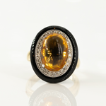 Vintage Citrine, Diamond and Onyx Oval Ring in 18CT Yellow Gold