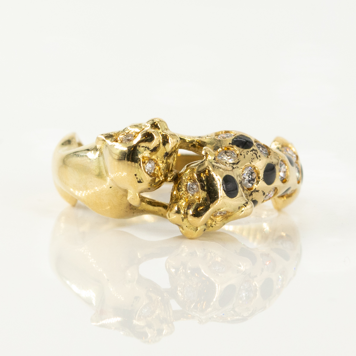 14CT Yellow Gold Twin Tiger Ring with Onyx and Diamonds