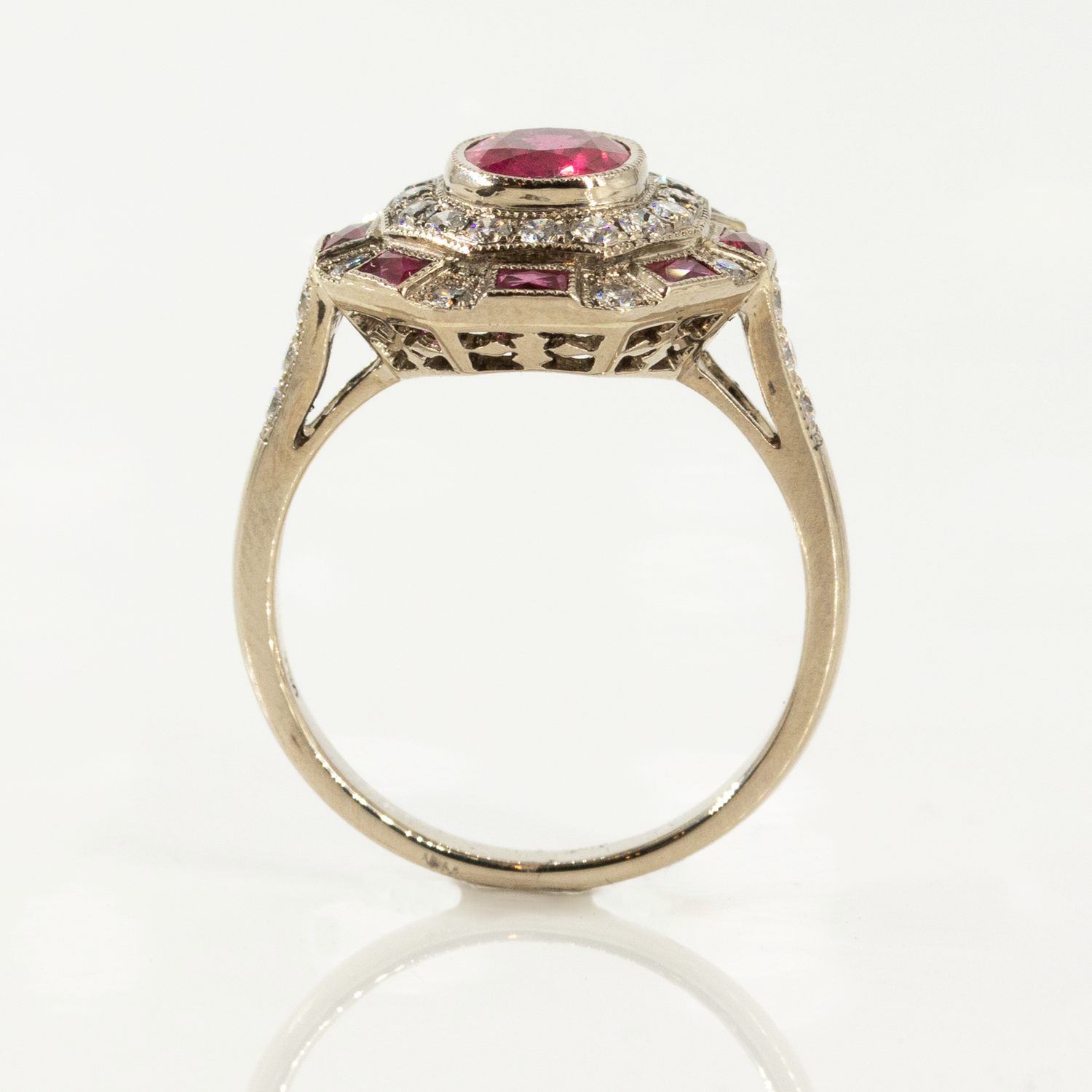 Vintage 18CT White Gold Oval Ruby and Diamond Double Halo Ring with Beaded Detailing