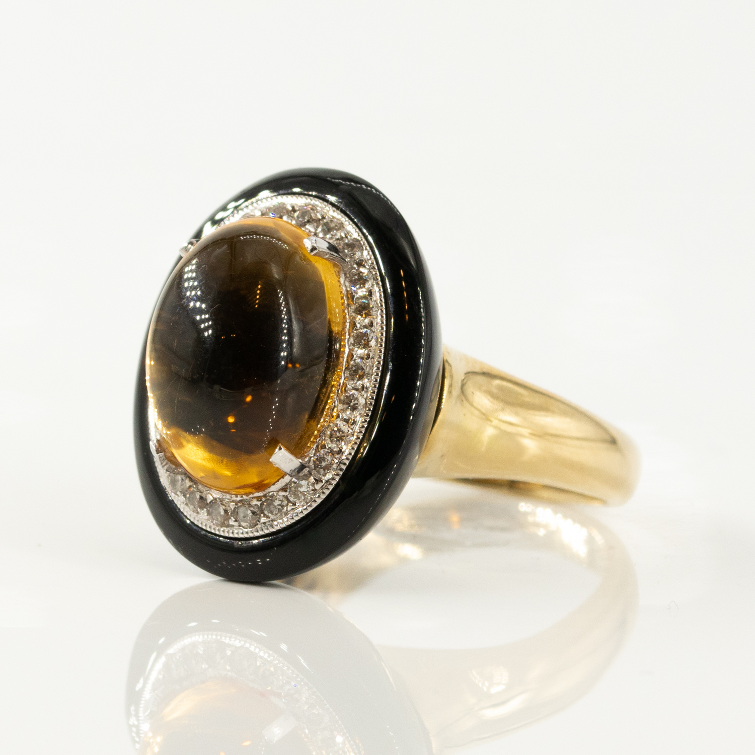 Vintage Citrine, Diamond and Onyx Oval Ring in 18CT Yellow Gold