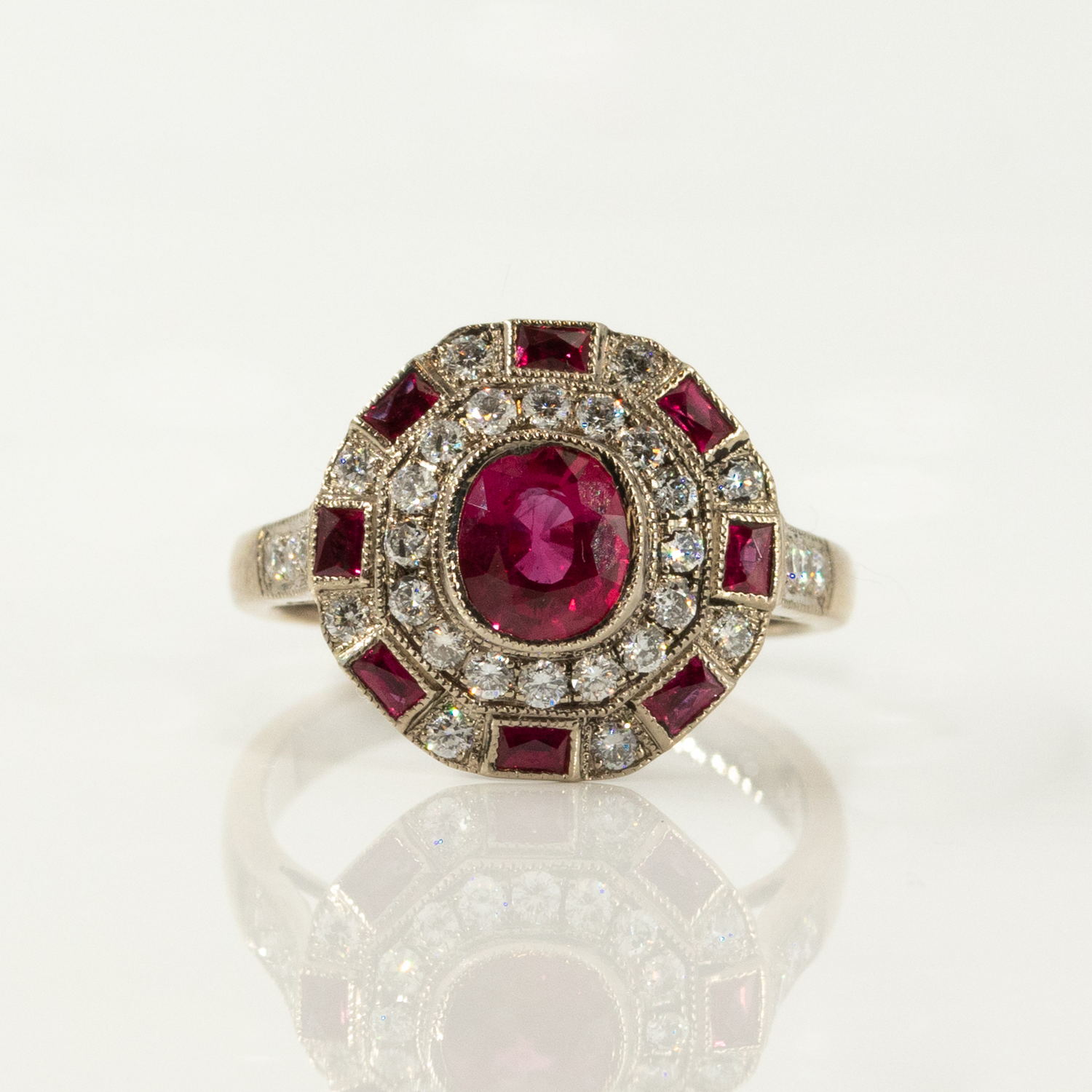 Vintage 18CT White Gold Oval Ruby and Diamond Double Halo Ring with Beaded Detailing