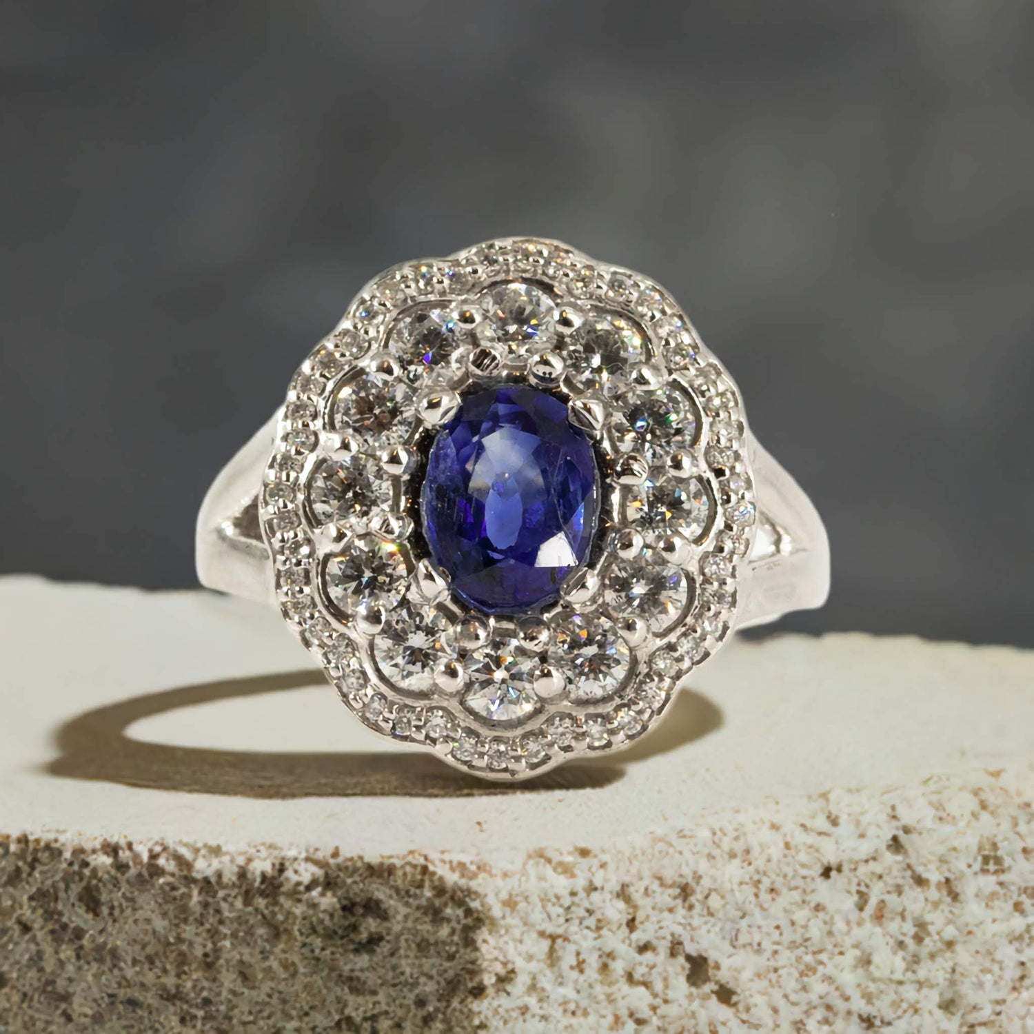 1.52CT Oval Sapphire Ring with Double Diamond Halo
